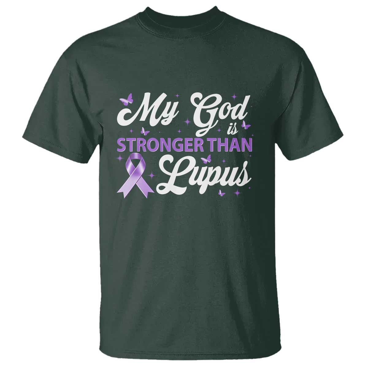 My God Is Bigger Than Lupus T Shirt Purple Ribbon TS10 Dark Forest Green Print Your Wear