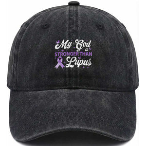 My God Is Bigger Than Lupus Washed Cotton Baseball Cap Purple Ribbon TS10 Washed Cap Universal Fit Black Print Your Wear