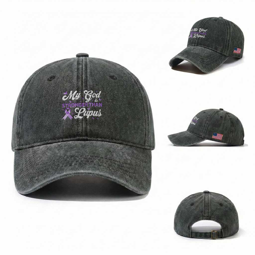 My God Is Bigger Than Lupus Washed Cotton Baseball Cap Purple Ribbon TS10 Washed Cap Universal Fit Dark Green Print Your Wear