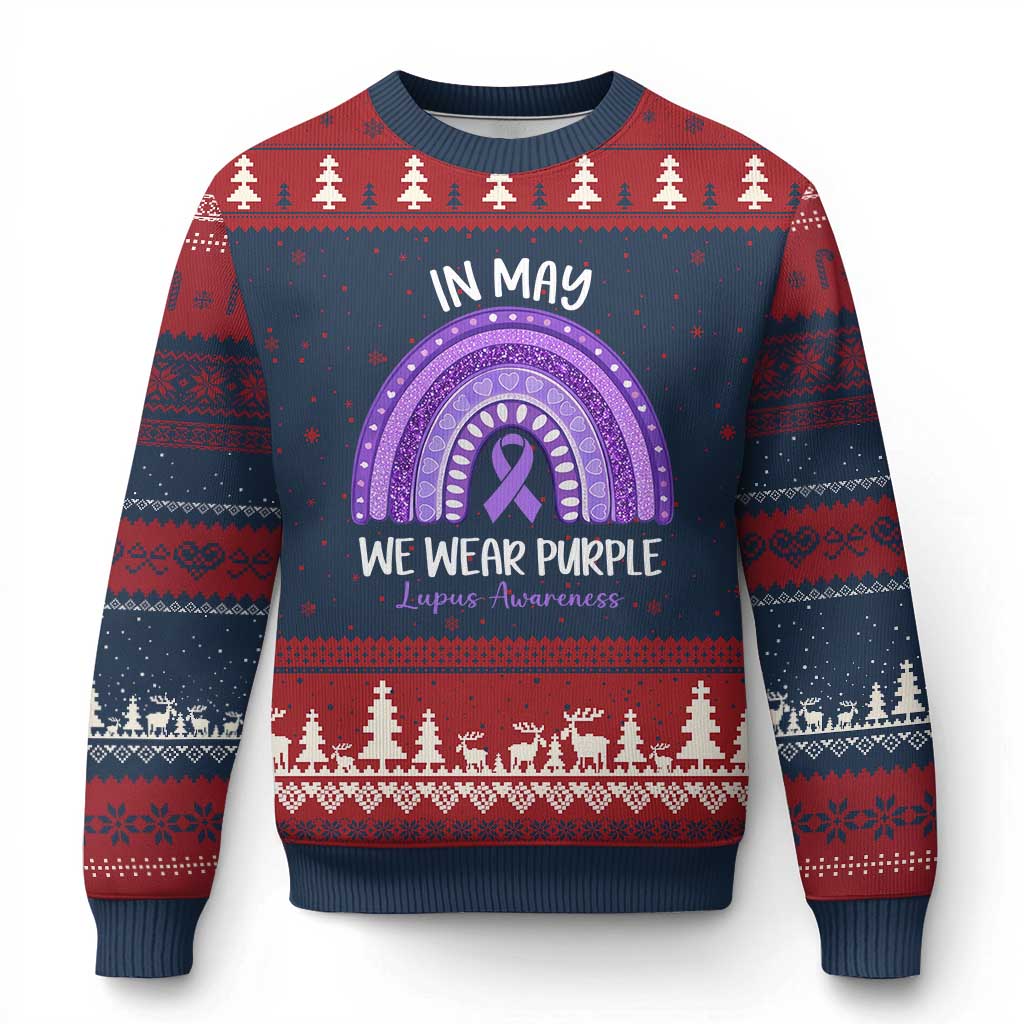 Lupus Awareness Ugly Christmas Sweater In May We Wear Purple Ribbon Rainbow TS10 Navy Red Print Your Wear