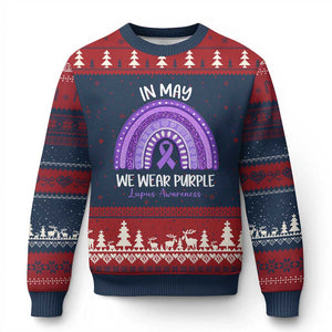 Lupus Awareness Ugly Christmas Sweater In May We Wear Purple Ribbon Rainbow TS10 Navy Red Print Your Wear