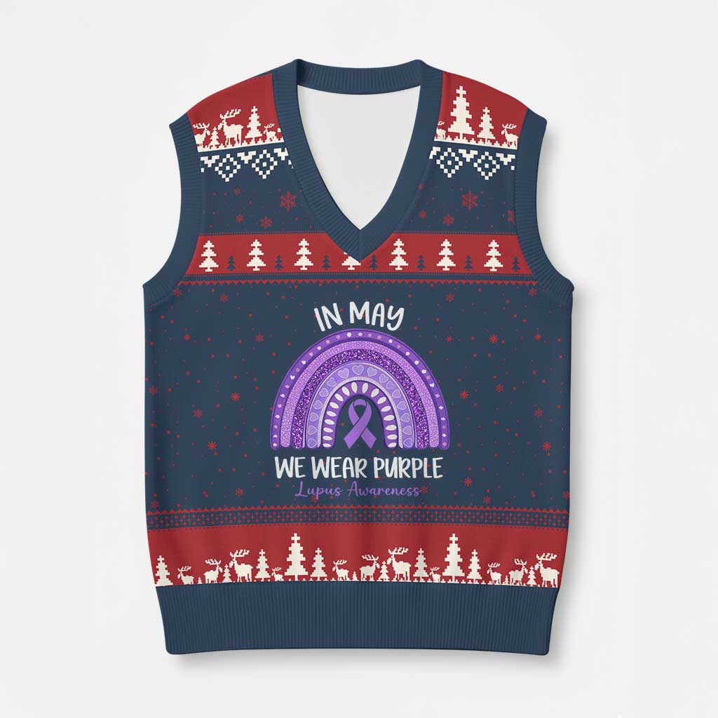 Lupus Awareness V-Neck Knit Sweater Vest In May We Wear Purple Ribbon Rainbow TS10 Navy Red Print Your Wear