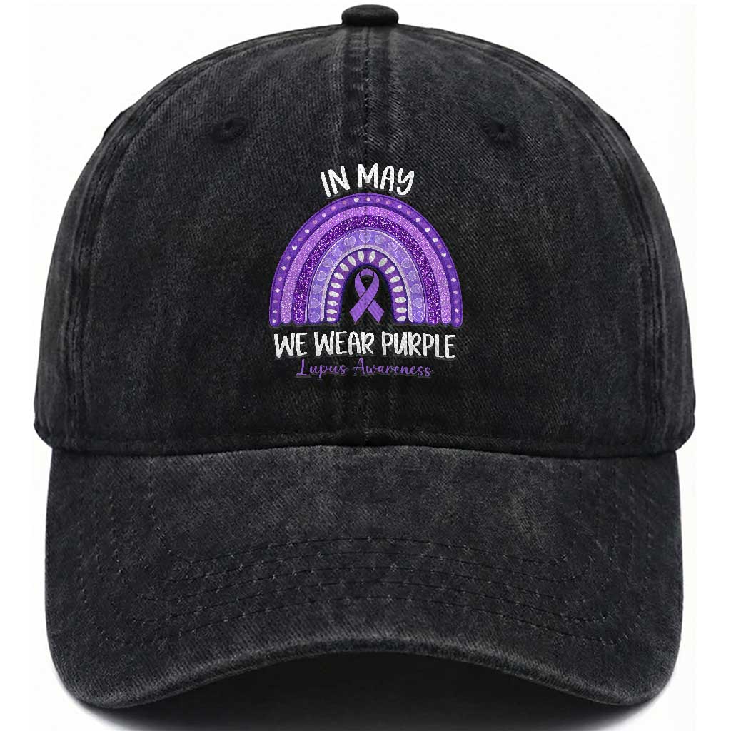 Lupus Awareness Washed Cotton Baseball Cap In May We Wear Purple Ribbon Rainbow TS10 Washed Cap Universal Fit Black Print Your Wear