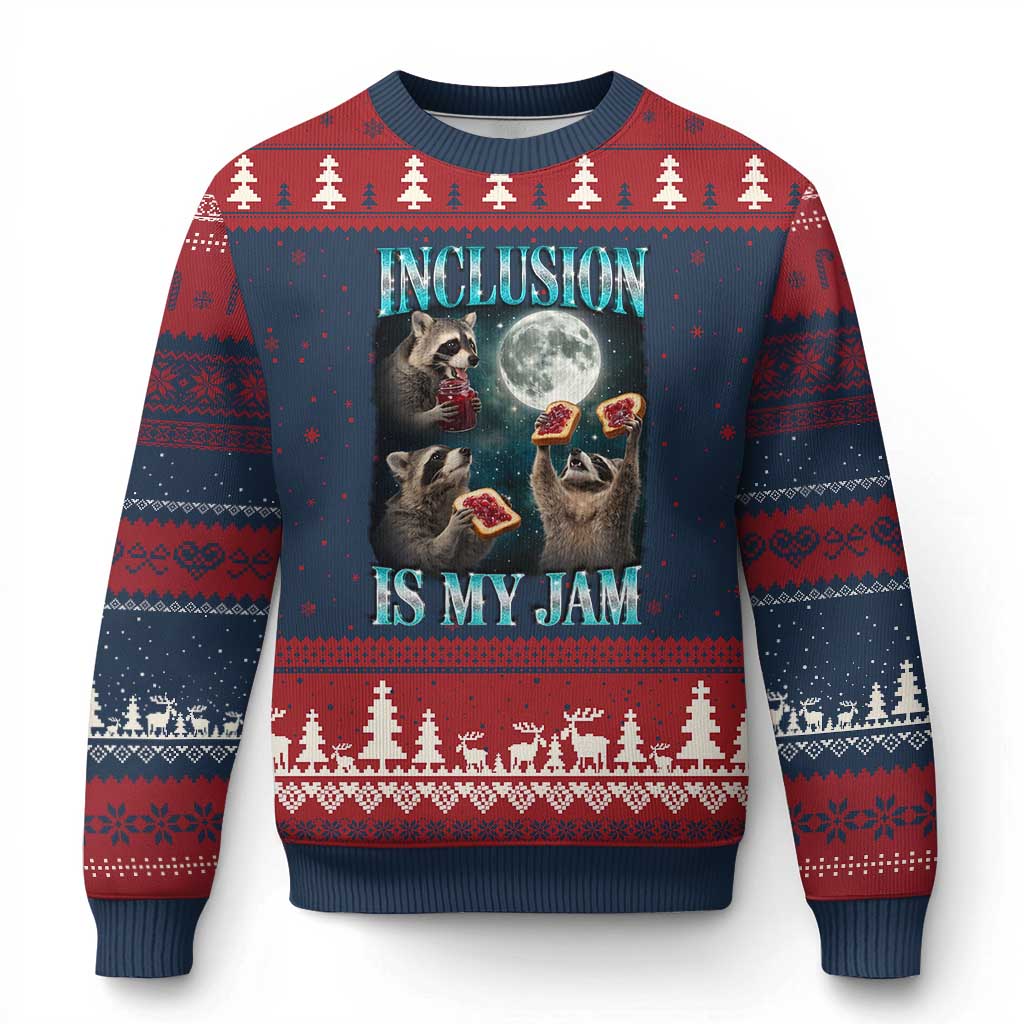 Inclusion Is My Jam Ugly Christmas Sweater Raccoon Meme Neurodiversity SPED Teacher Gift TS10 Navy Red Print Your Wear
