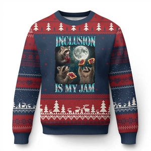 Inclusion Is My Jam Ugly Christmas Sweater Raccoon Meme Neurodiversity SPED Teacher Gift TS10 Navy Red Print Your Wear