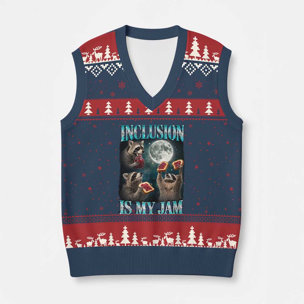 Inclusion Is My Jam V-Neck Knit Sweater Vest Raccoon Meme Neurodiversity SPED Teacher Gift TS10 Navy Red Print Your Wear
