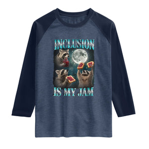 Inclusion Is My Jam Raglan Shirt Raccoon Meme Neurodiversity SPED Teacher Gift TS10 Heather Denim Navy Print Your Wear