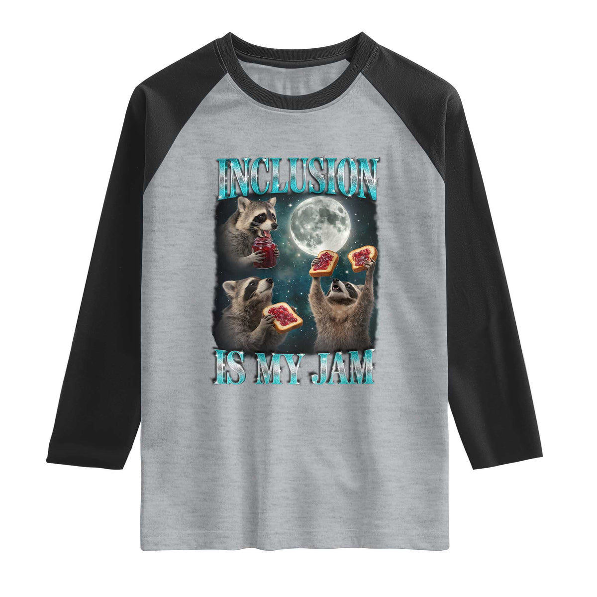 Inclusion Is My Jam Raglan Shirt Raccoon Meme Neurodiversity SPED Teacher Gift TS10 Heather Gray Black Print Your Wear