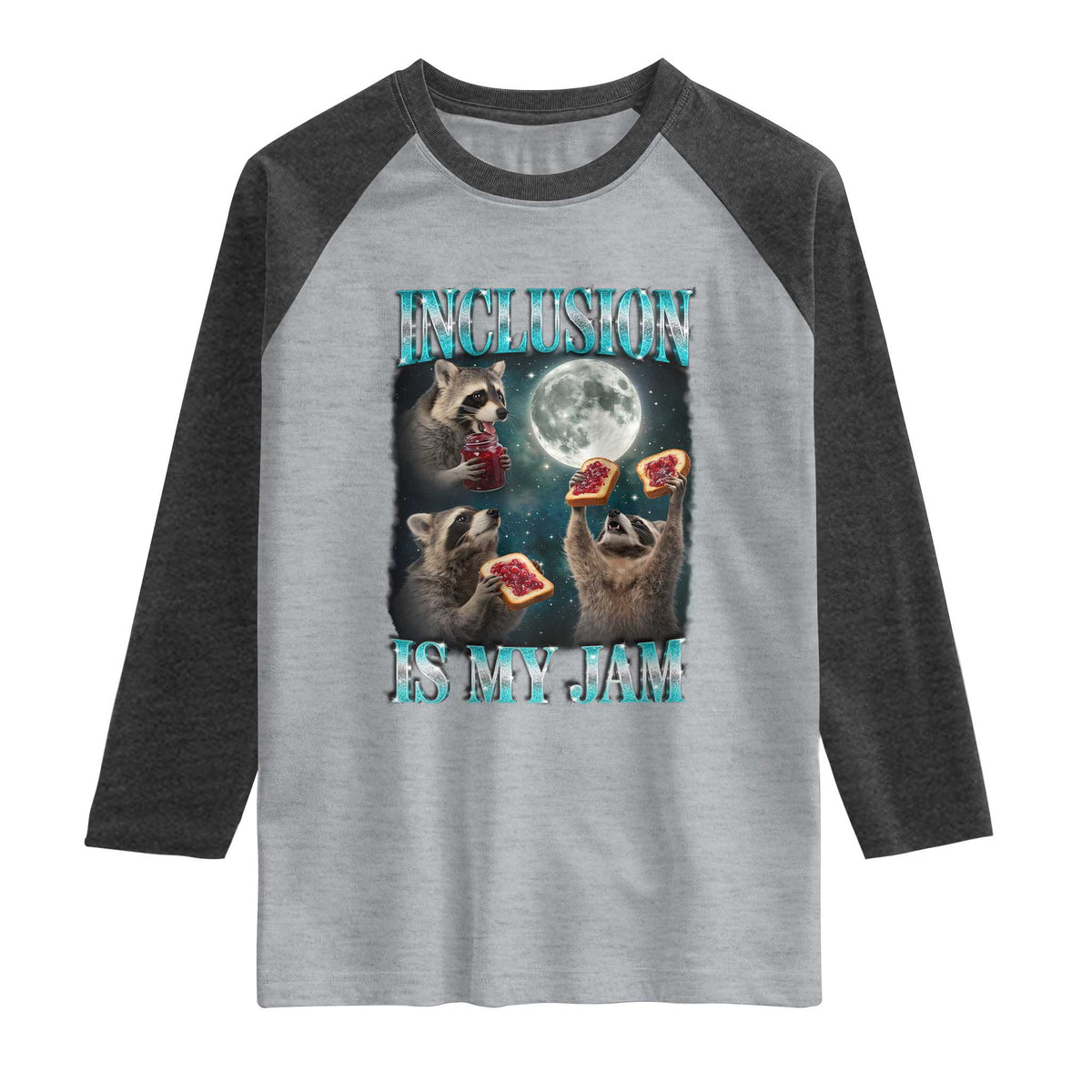 Inclusion Is My Jam Raglan Shirt Raccoon Meme Neurodiversity SPED Teacher Gift TS10 Heather Gray Heather Charcoal Print Your Wear