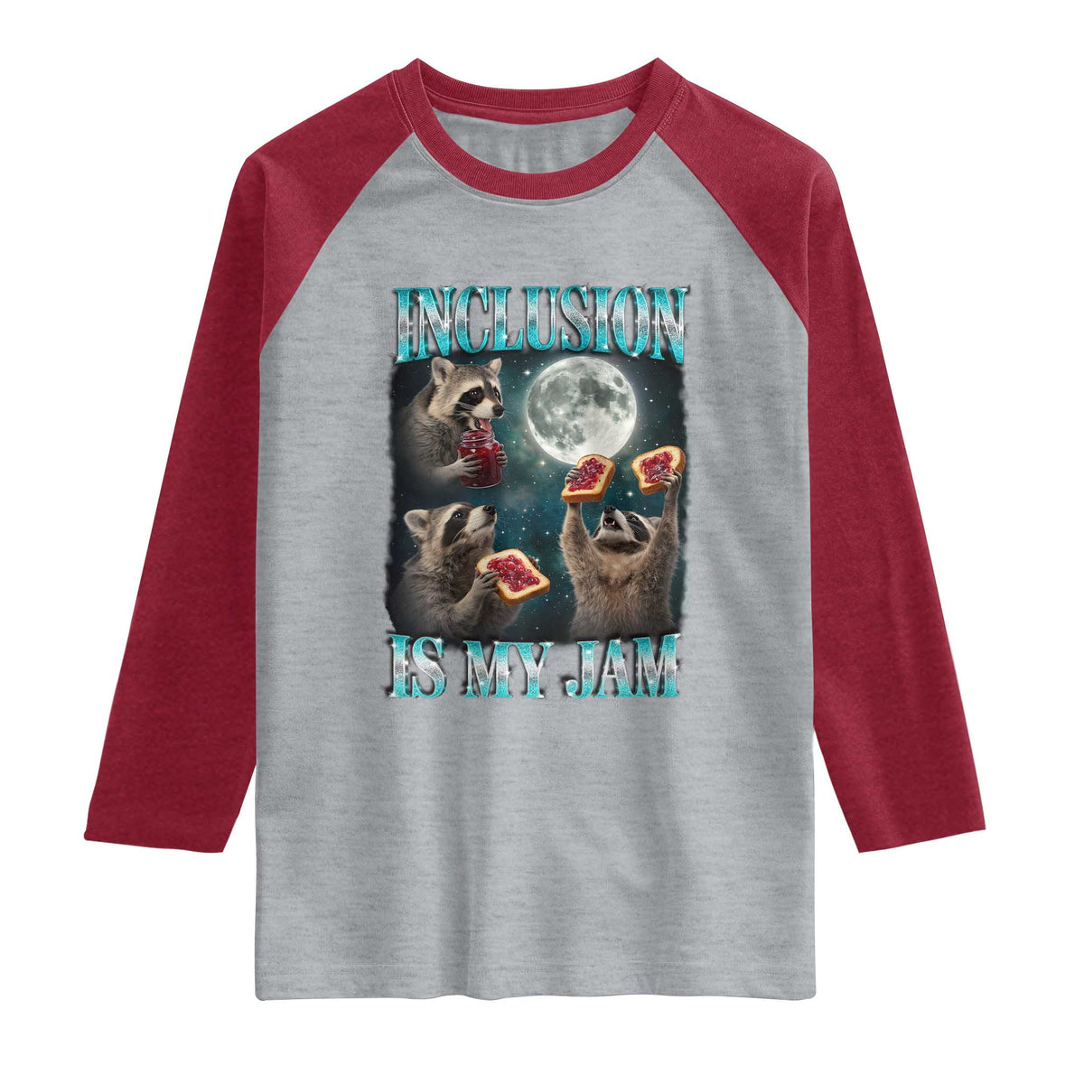Inclusion Is My Jam Raglan Shirt Raccoon Meme Neurodiversity SPED Teacher Gift TS10 Heather Gray Heather Red Print Your Wear