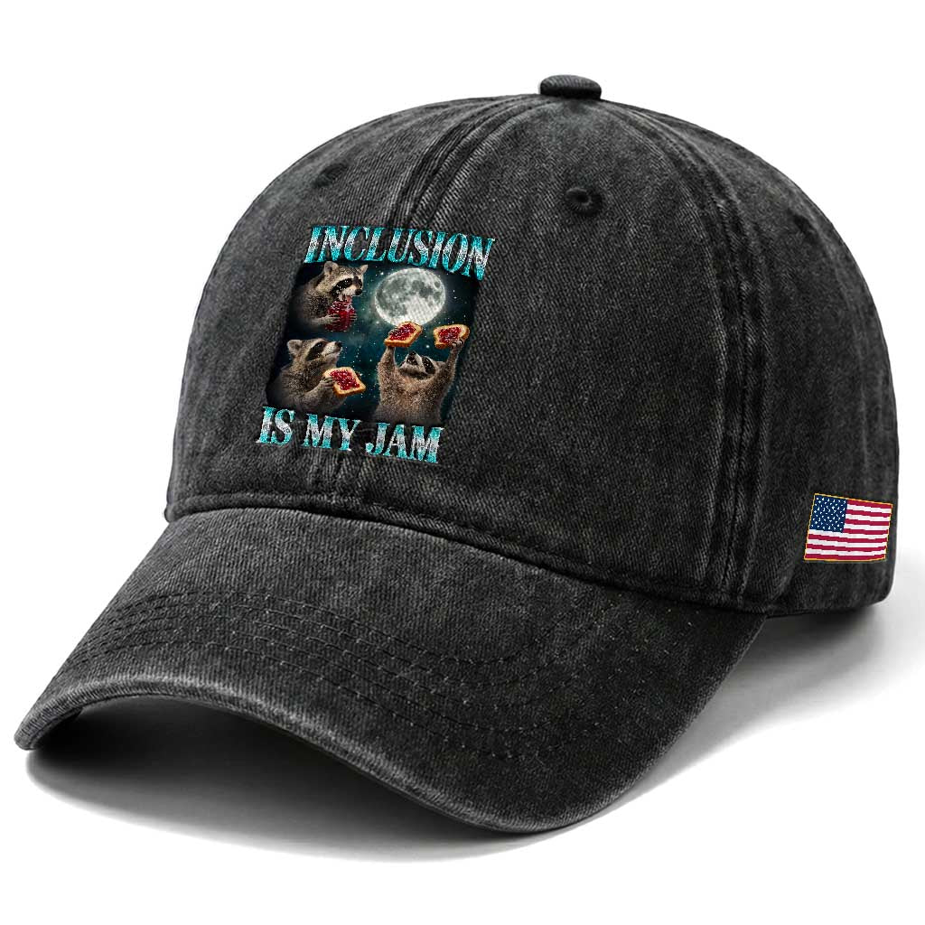 Inclusion Is My Jam Washed Cotton Baseball Cap Raccoon Meme Neurodiversity SPED Teacher Gift TS10 Print Your Wear