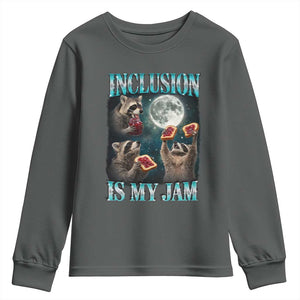 Inclusion Is My Jam Youth Sweatshirt Raccoon Meme Neurodiversity SPED Teacher Gift TS10 Dark Heather Print Your Wear