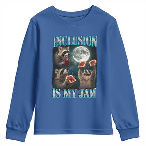 Inclusion Is My Jam Youth Sweatshirt Raccoon Meme Neurodiversity SPED Teacher Gift TS10 Royal Blue Print Your Wear