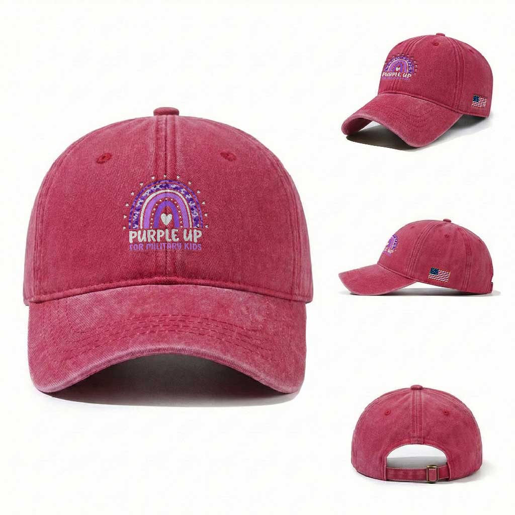 Purple Up For Military Kids Washed Cotton Baseball Cap Month Of Military Child Army Rainbow TS10 Washed Cap Universal Fit Red Print Your Wear