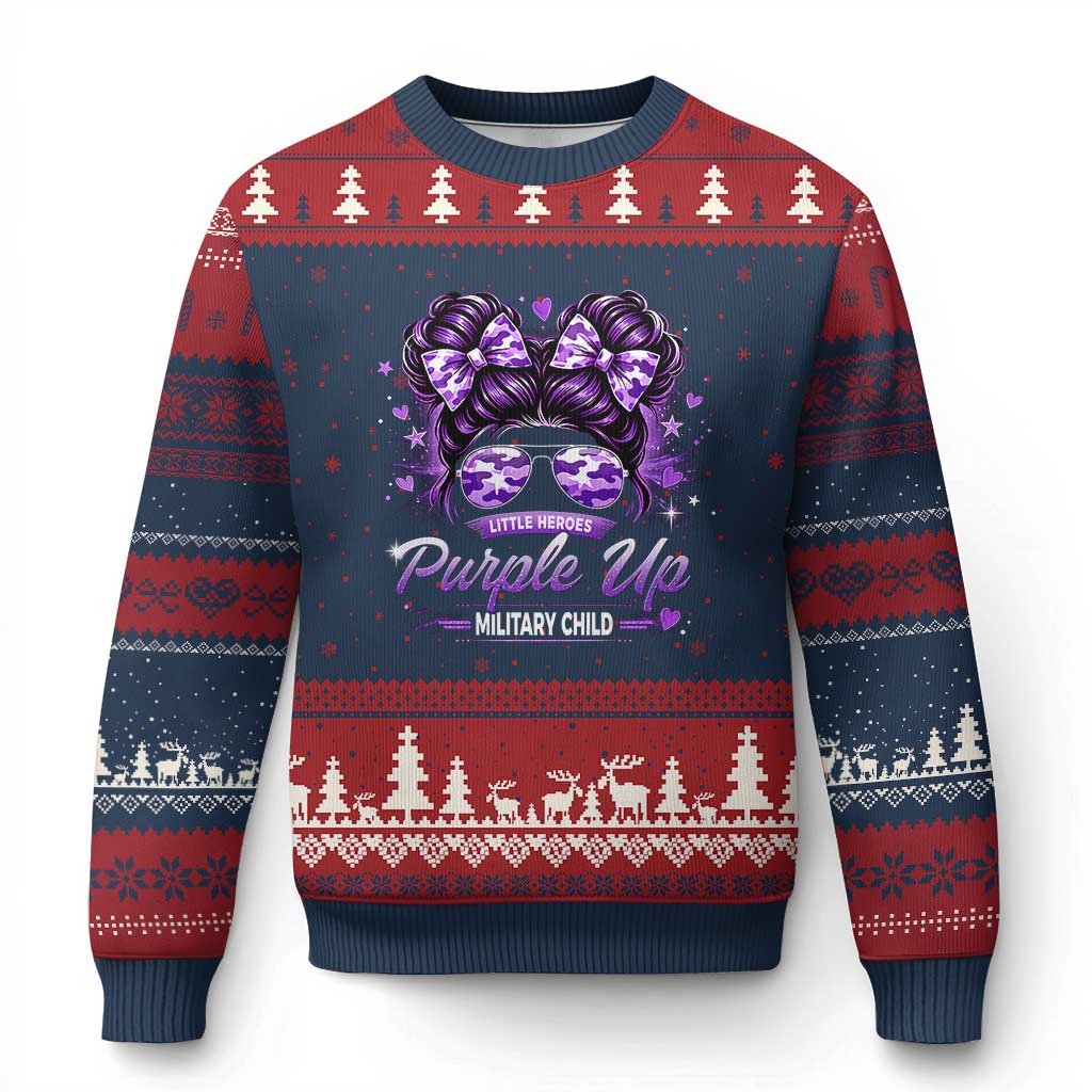 Purple Up Military Child Ugly Christmas Sweater Camo Messy Bun Military Kid Month TS10 Navy Red Print Your Wear
