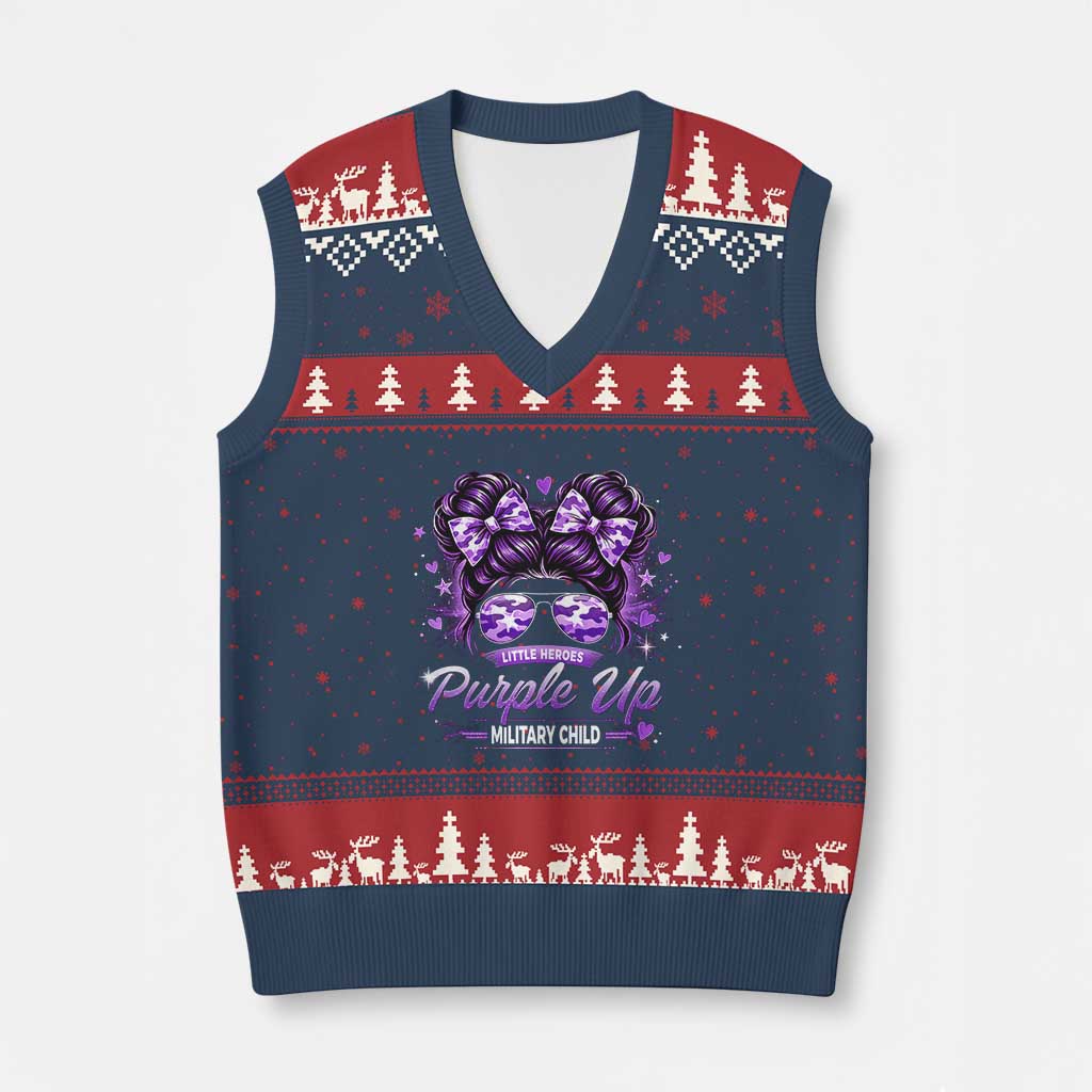 Purple Up Military Child V-Neck Knit Sweater Vest Camo Messy Bun Military Kid Month TS10 Navy Red Print Your Wear
