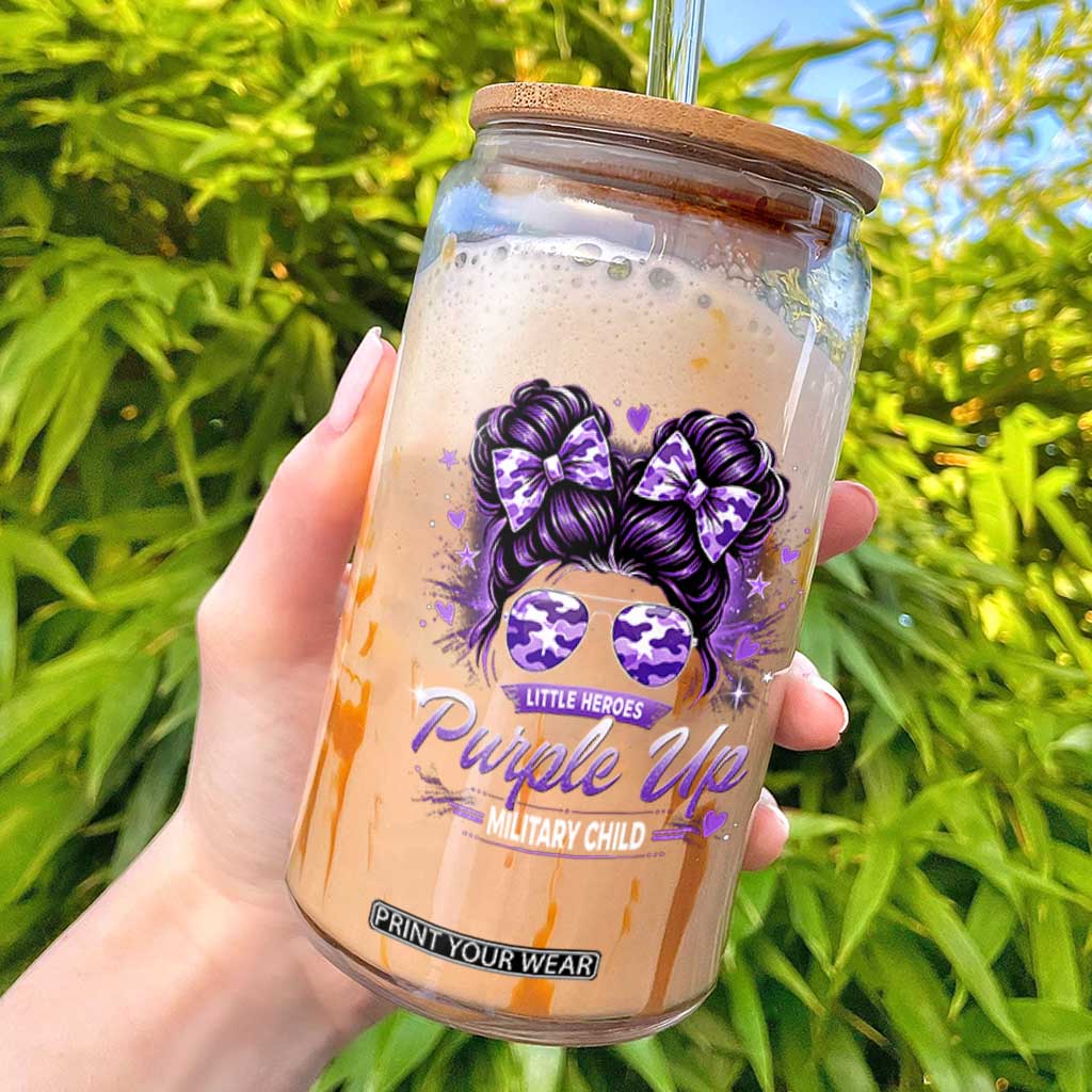 Purple Up Military Child Glass Can Camo Messy Bun Military Kid Month TS10 Black Print Your Wear