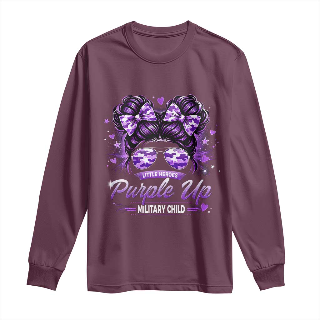 Purple Up Military Child Long Sleeve Shirt Camo Messy Bun Military Kid Month TS10 Maroon Print Your Wear