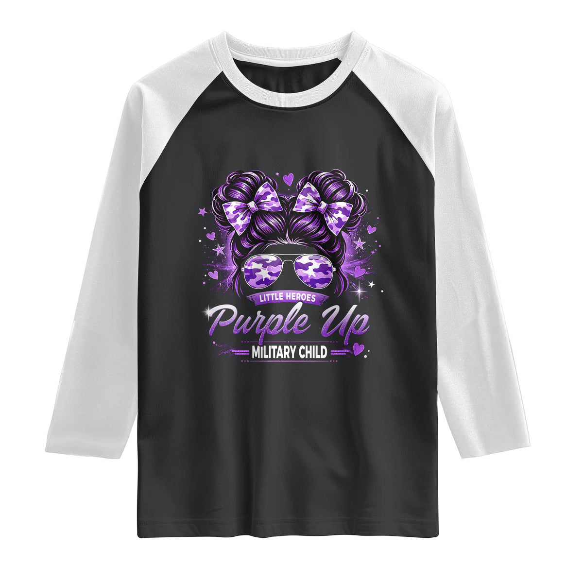 Purple Up Military Child Raglan Shirt Camo Messy Bun Military Kid Month TS10 Black White Print Your Wear