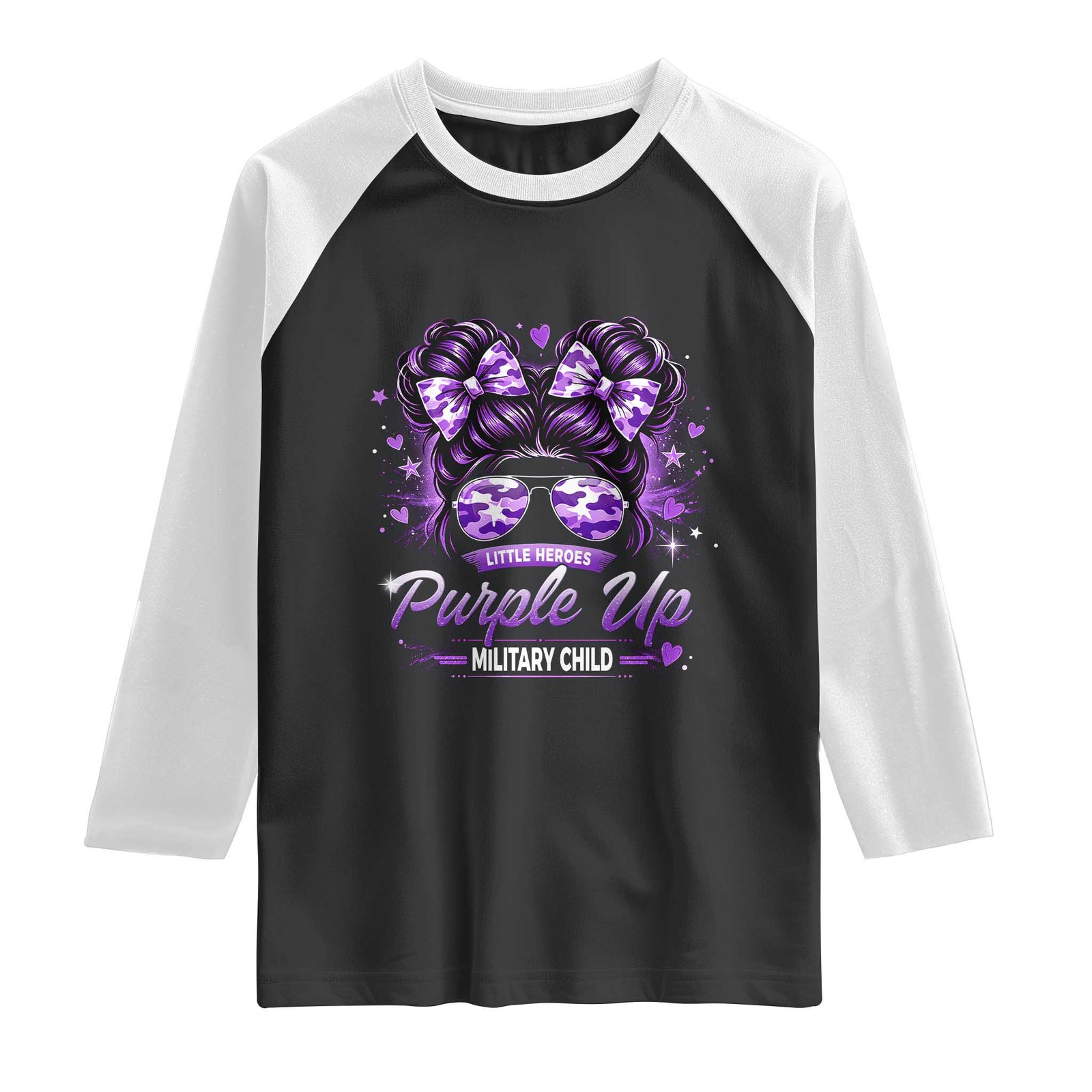 Purple Up Military Child Raglan Shirt Camo Messy Bun Military Kid Month TS10 Black White Print Your Wear