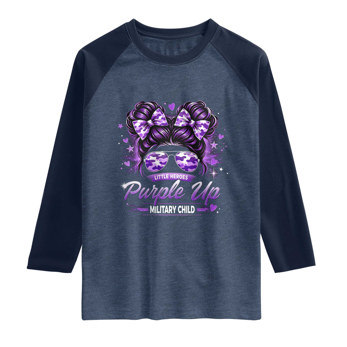 Purple Up Military Child Raglan Shirt Camo Messy Bun Military Kid Month TS10 Heather Denim Navy Print Your Wear