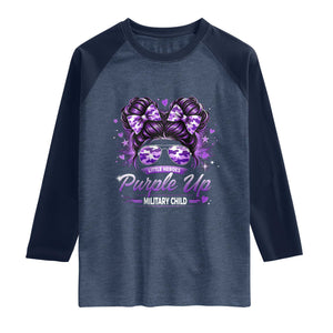 Purple Up Military Child Raglan Shirt Camo Messy Bun Military Kid Month TS10 Heather Denim Navy Print Your Wear