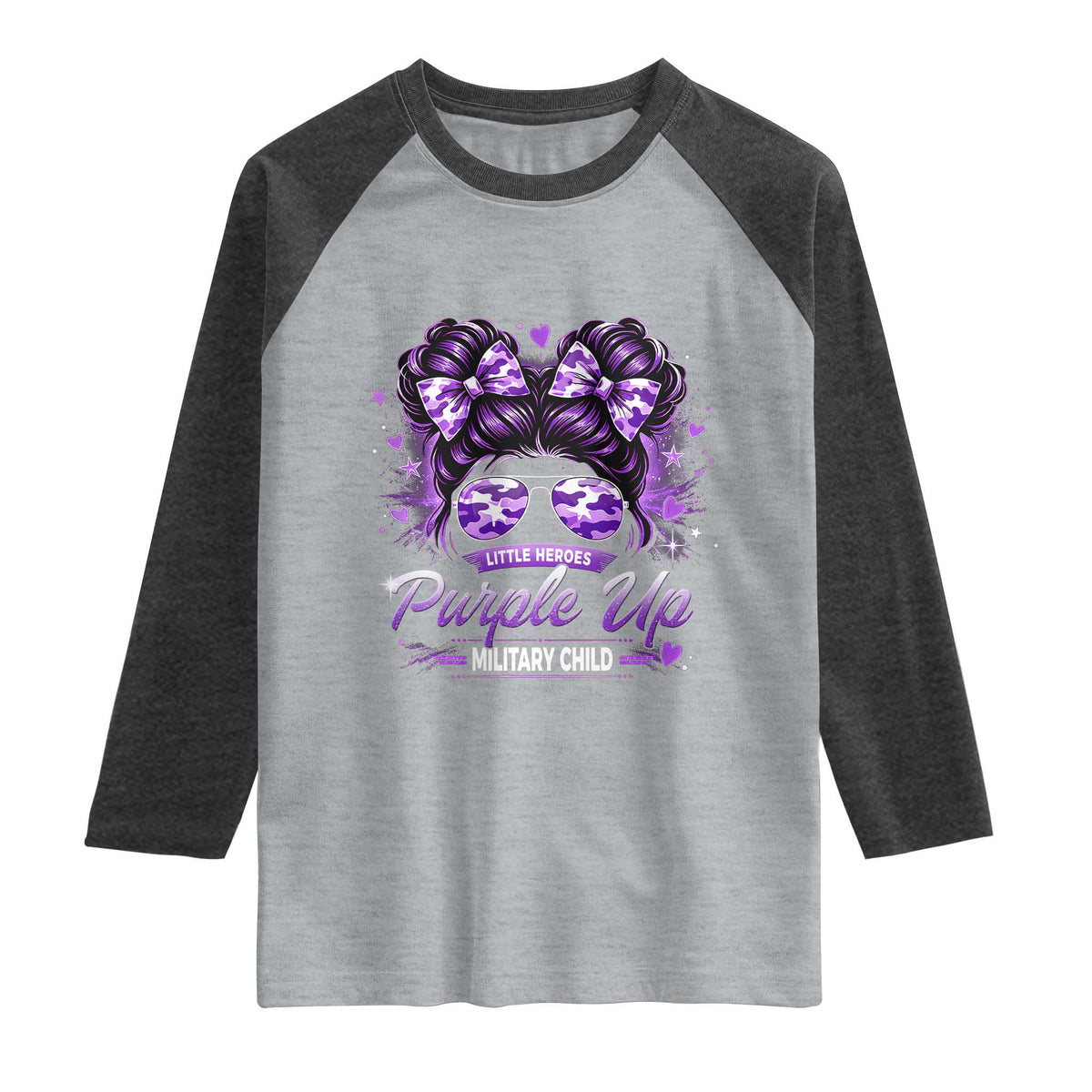 Purple Up Military Child Raglan Shirt Camo Messy Bun Military Kid Month TS10 Heather Gray Heather Charcoal Print Your Wear