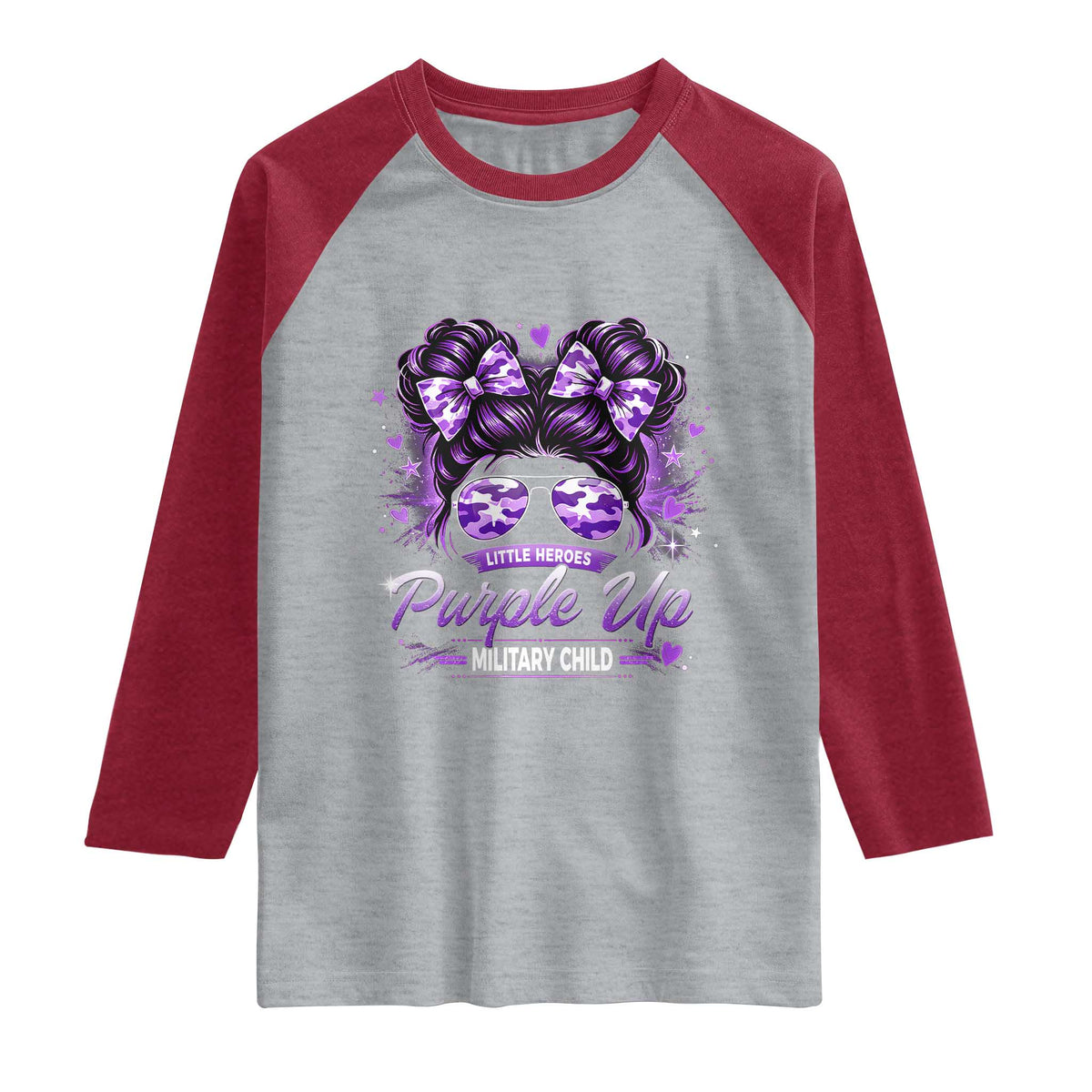 Purple Up Military Child Raglan Shirt Camo Messy Bun Military Kid Month TS10 Heather Gray Heather Red Print Your Wear