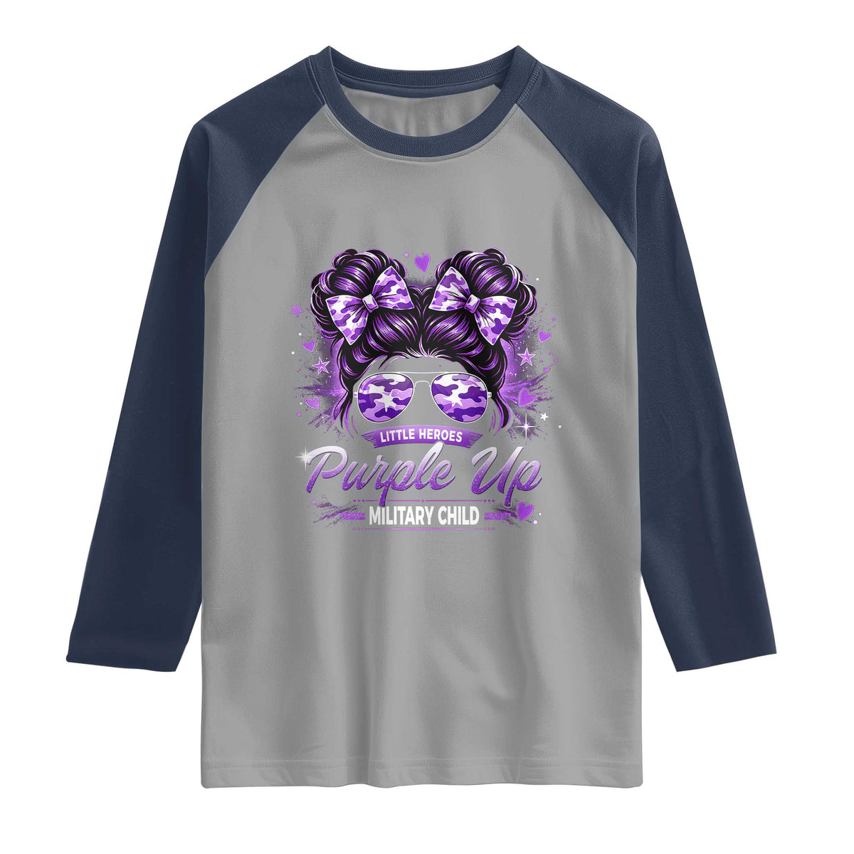 Purple Up Military Child Raglan Shirt Camo Messy Bun Military Kid Month TS10 Sport Gray Navy Print Your Wear
