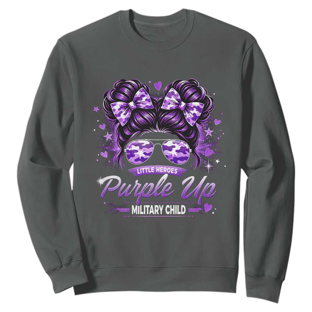 Purple Up Military Child Sweatshirt Camo Messy Bun Military Kid Month TS10 Dark Heather Print Your Wear