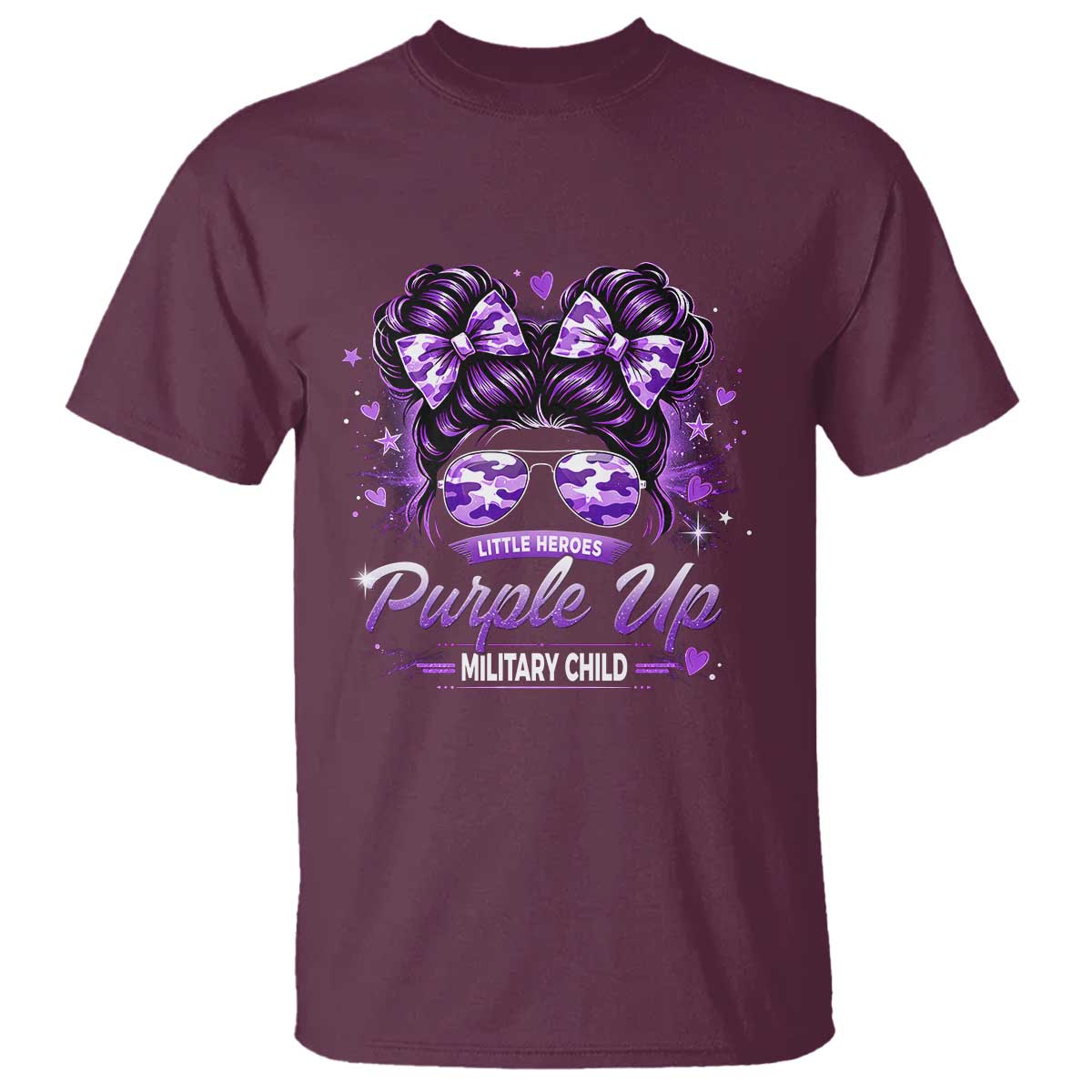 Purple Up Military Child T Shirt Camo Messy Bun Military Kid Month TS10 Maroon Print Your Wear