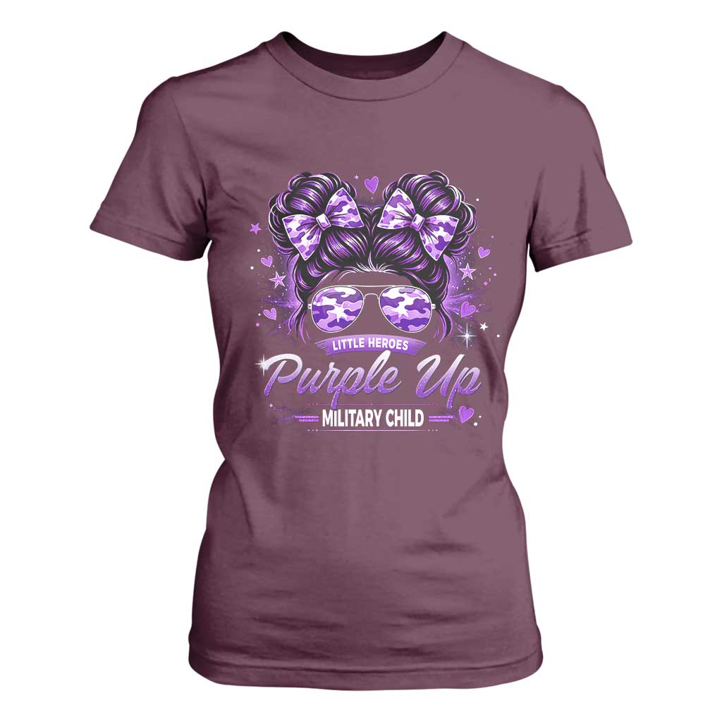 Purple Up Military Child T Shirt For Women Camo Messy Bun Military Kid Month TS10 Maroon Print Your Wear