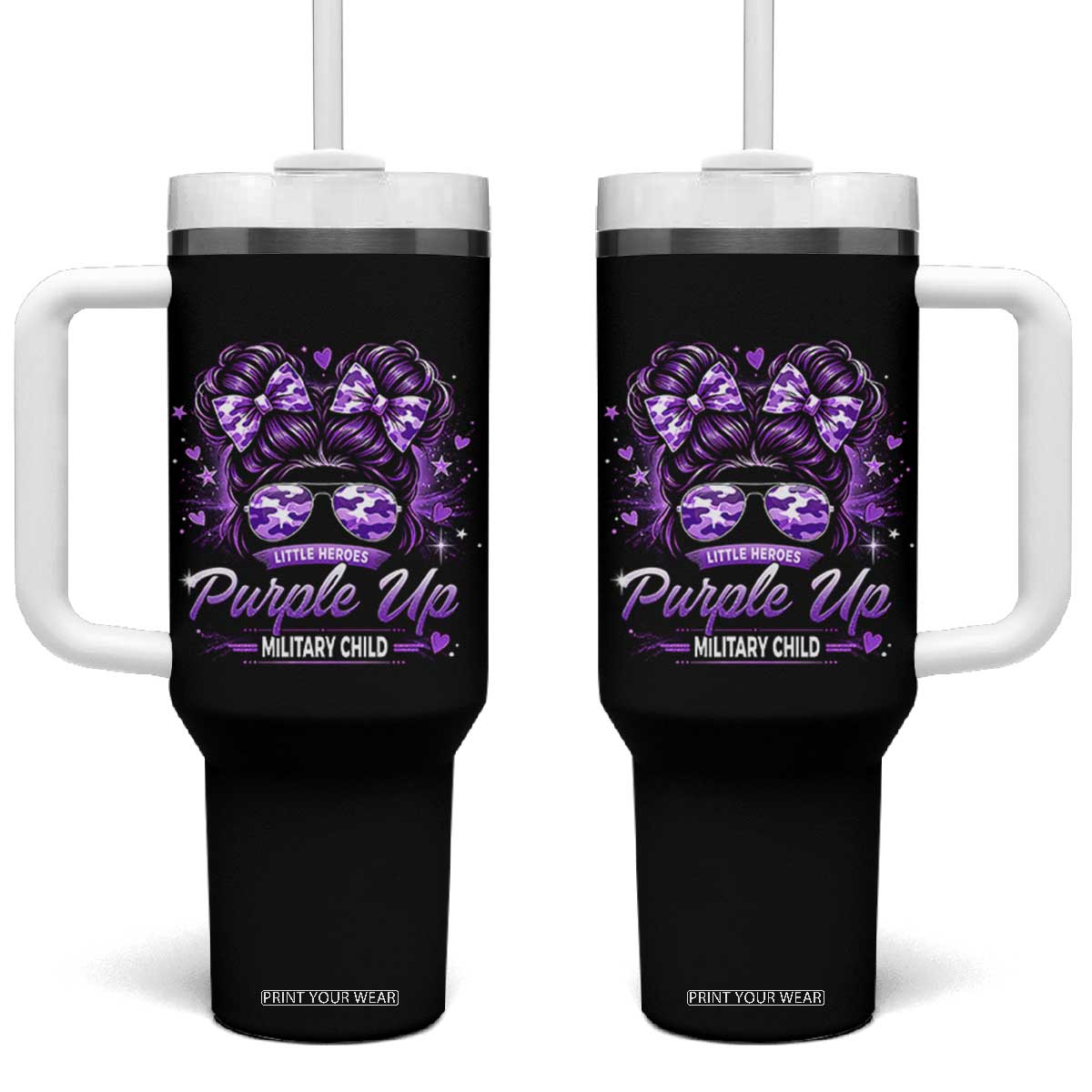 Purple Up Military Child Tumbler With Handle Camo Messy Bun Military Kid Month TS10 One Size: 40 oz Black Print Your Wear
