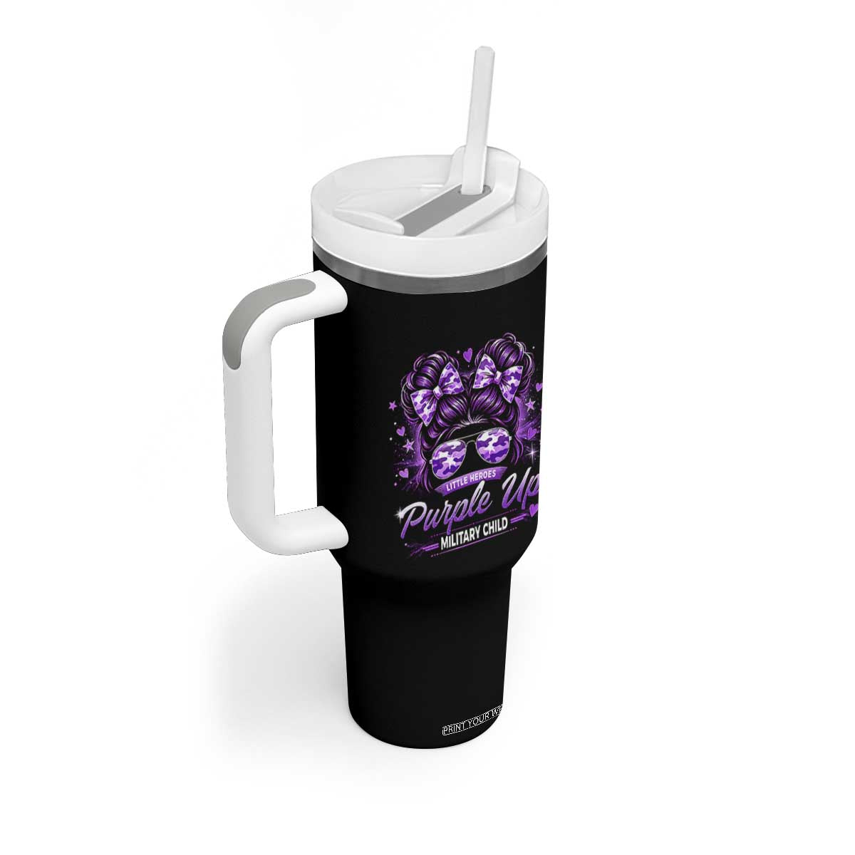 Purple Up Military Child Tumbler With Handle Camo Messy Bun Military Kid Month TS10 Print Your Wear
