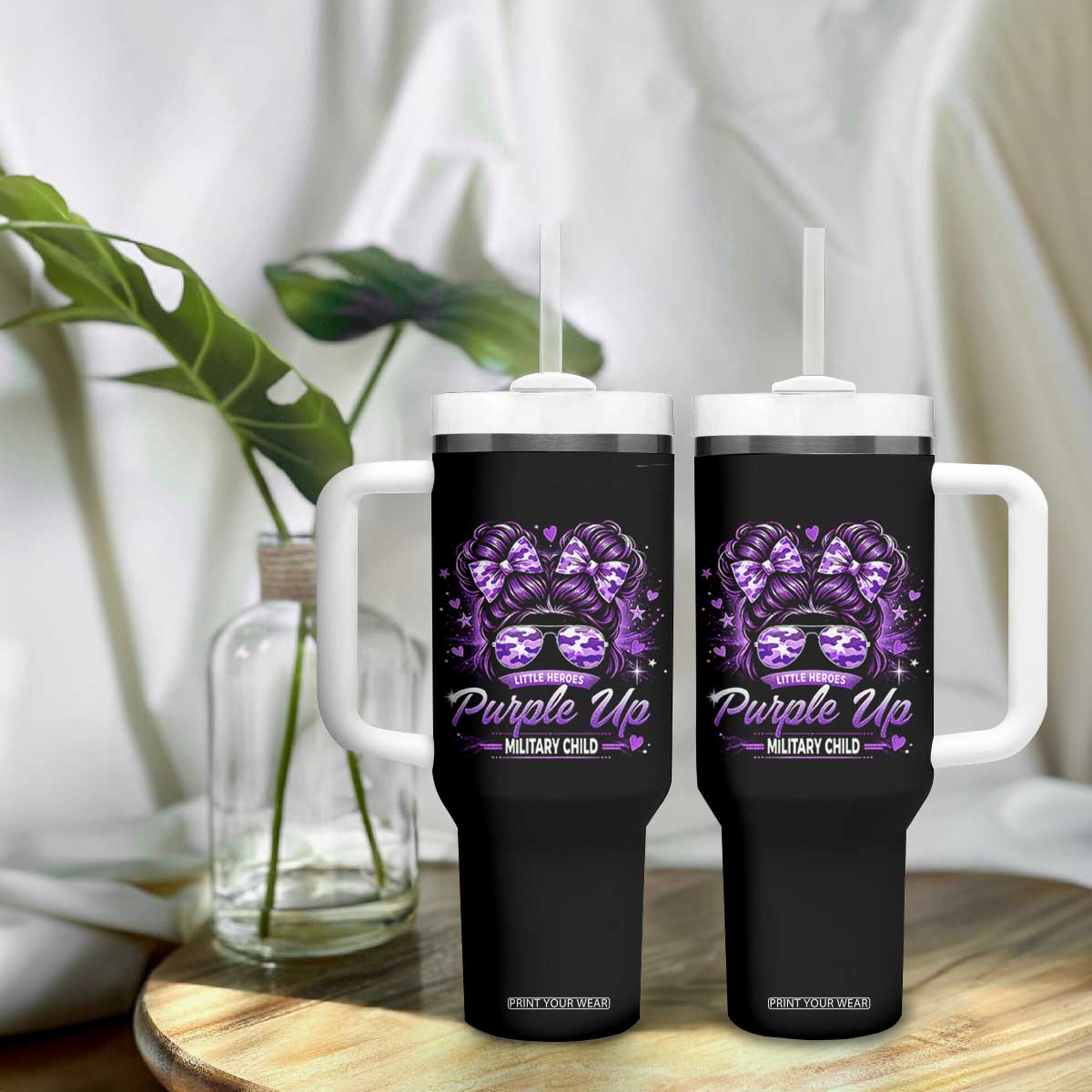 Purple Up Military Child Tumbler With Handle Camo Messy Bun Military Kid Month TS10 Print Your Wear