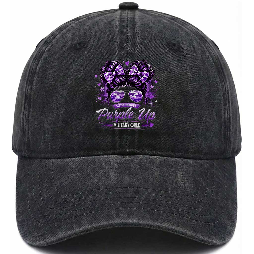 Purple Up Military Child Washed Cotton Baseball Cap Camo Messy Bun Military Kid Month TS10 Washed Cap Universal Fit Black Print Your Wear