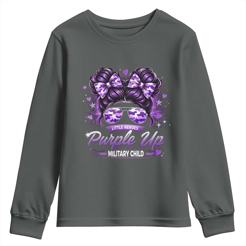 Purple Up Military Child Youth Sweatshirt Camo Messy Bun Military Kid Month TS10 Dark Heather Print Your Wear