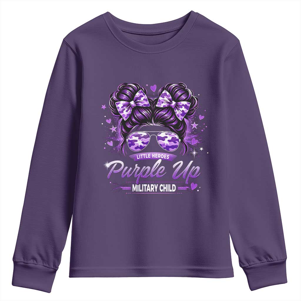 Purple Up Military Child Youth Sweatshirt Camo Messy Bun Military Kid Month TS10 Purple Print Your Wear