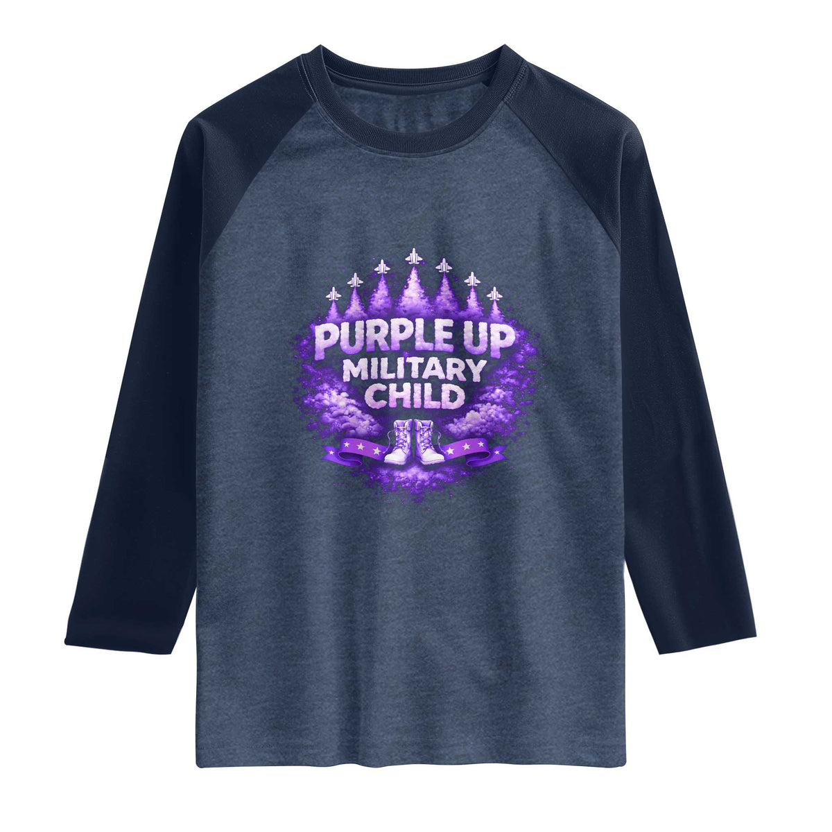 Purple Up Military Child Raglan Shirt Proud Military Kid TS10 Heather Denim Navy Print Your Wear