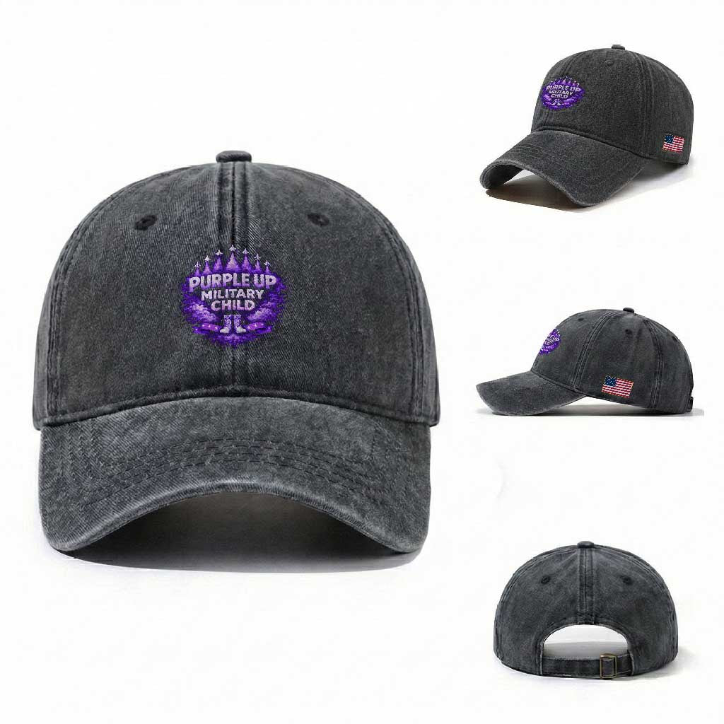 Purple Up Military Child Washed Cotton Baseball Cap Proud Military Kid TS10 Washed Cap Universal Fit Dark Gray Print Your Wear