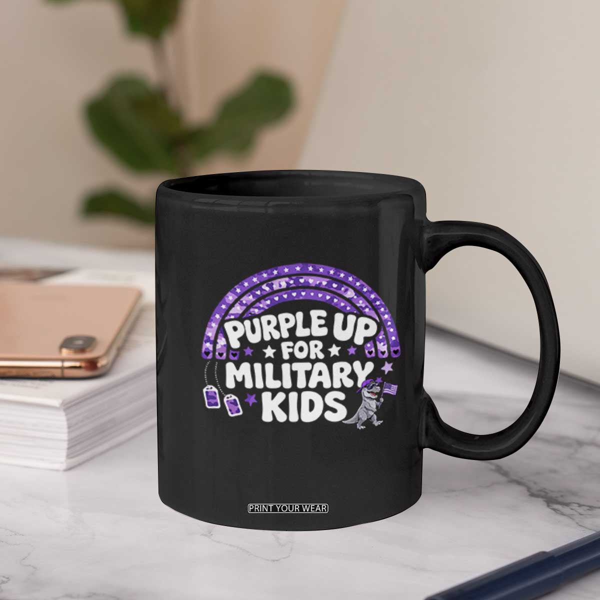 Purple Up For Military Kids Coffee Mug Cute Dino Dinosaur Proud Military Child Rainbow TS10 Print Your Wear