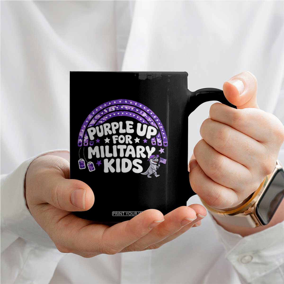 Purple Up For Military Kids Coffee Mug Cute Dino Dinosaur Proud Military Child Rainbow TS10 Print Your Wear