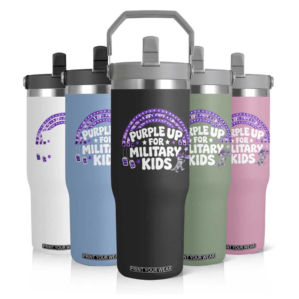 Purple Up For Military Kids Flip Straw Tumbler Cute Dino Dinosaur Proud Military Child Rainbow TS10 Print Your Wear