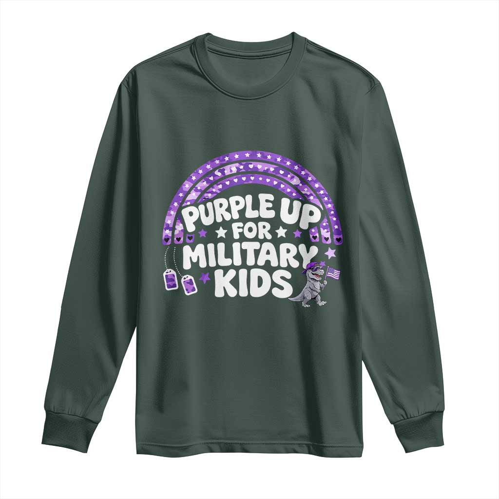 Purple Up For Military Kids Long Sleeve Shirt Cute Dino Dinosaur Proud Military Child Rainbow TS10 Dark Forest Green Print Your Wear