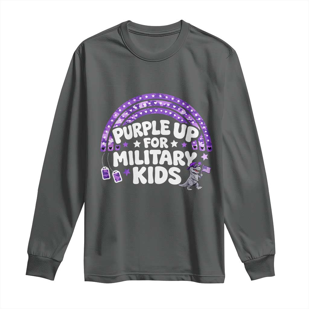 Purple Up For Military Kids Long Sleeve Shirt Cute Dino Dinosaur Proud Military Child Rainbow TS10 Dark Heather Print Your Wear