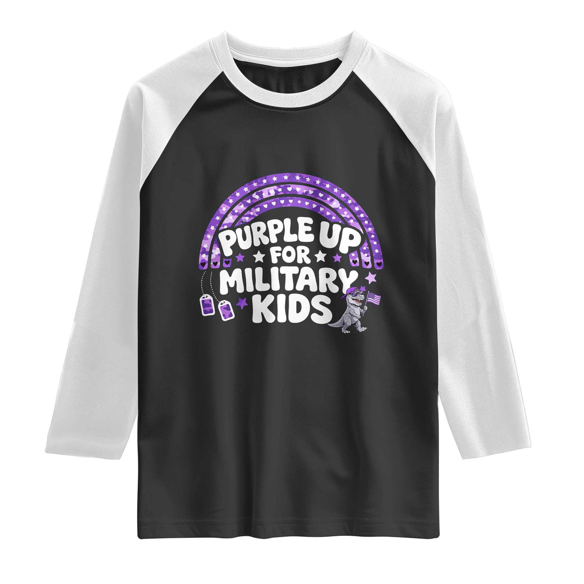 Purple Up For Military Kids Raglan Shirt Cute Dino Dinosaur Proud Military Child Rainbow TS10 Black White Print Your Wear