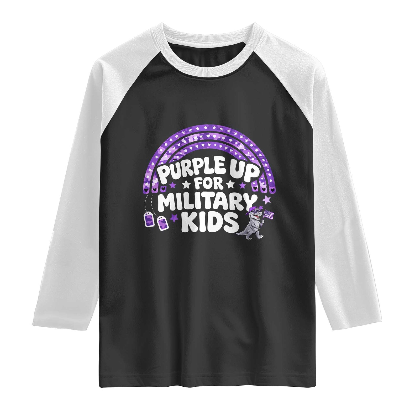 Purple Up For Military Kids Raglan Shirt Cute Dino Dinosaur Proud Military Child Rainbow TS10 Black White Print Your Wear