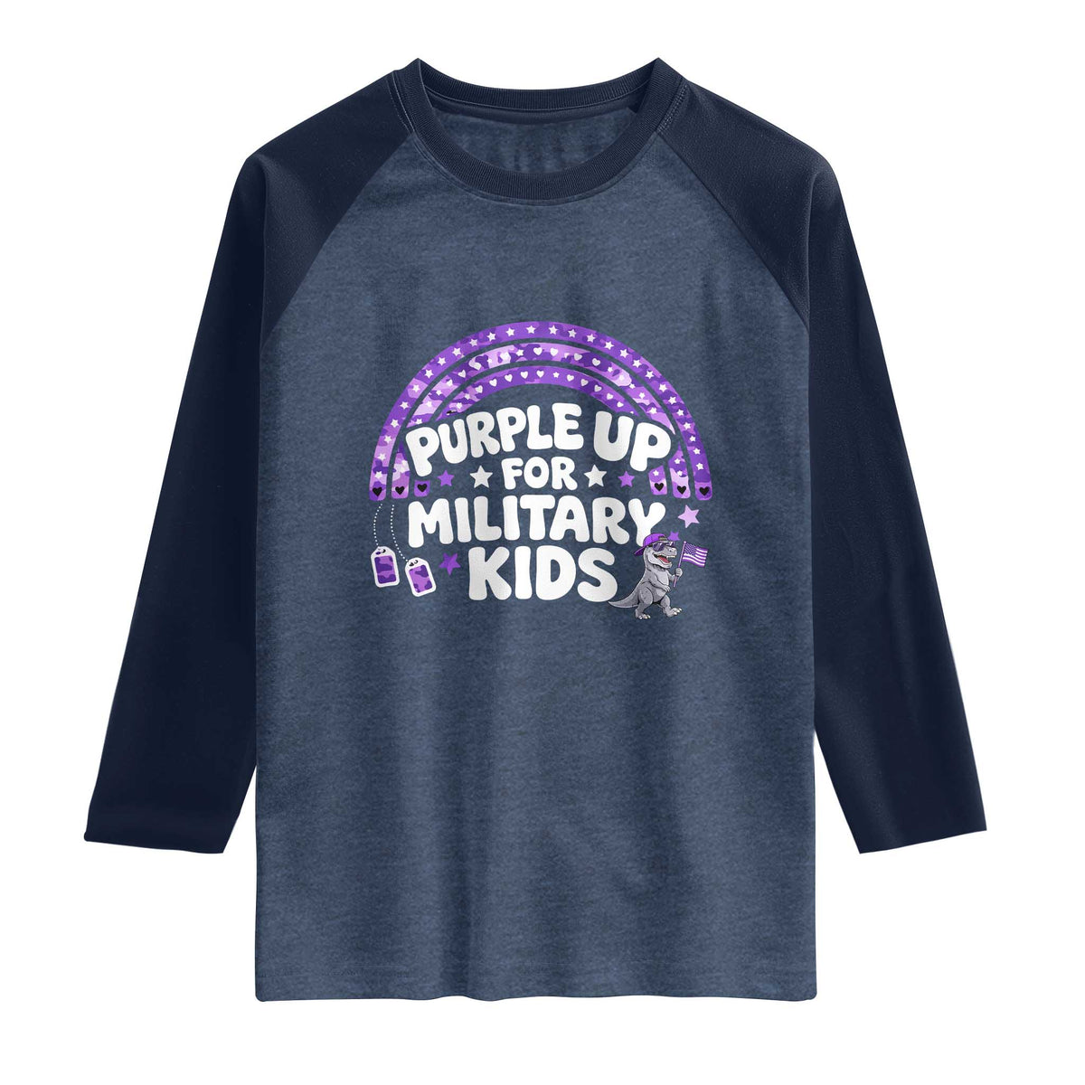 Purple Up For Military Kids Raglan Shirt Cute Dino Dinosaur Proud Military Child Rainbow TS10 Heather Denim Navy Print Your Wear