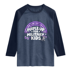 Purple Up For Military Kids Raglan Shirt Cute Dino Dinosaur Proud Military Child Rainbow TS10 Heather Denim Navy Print Your Wear
