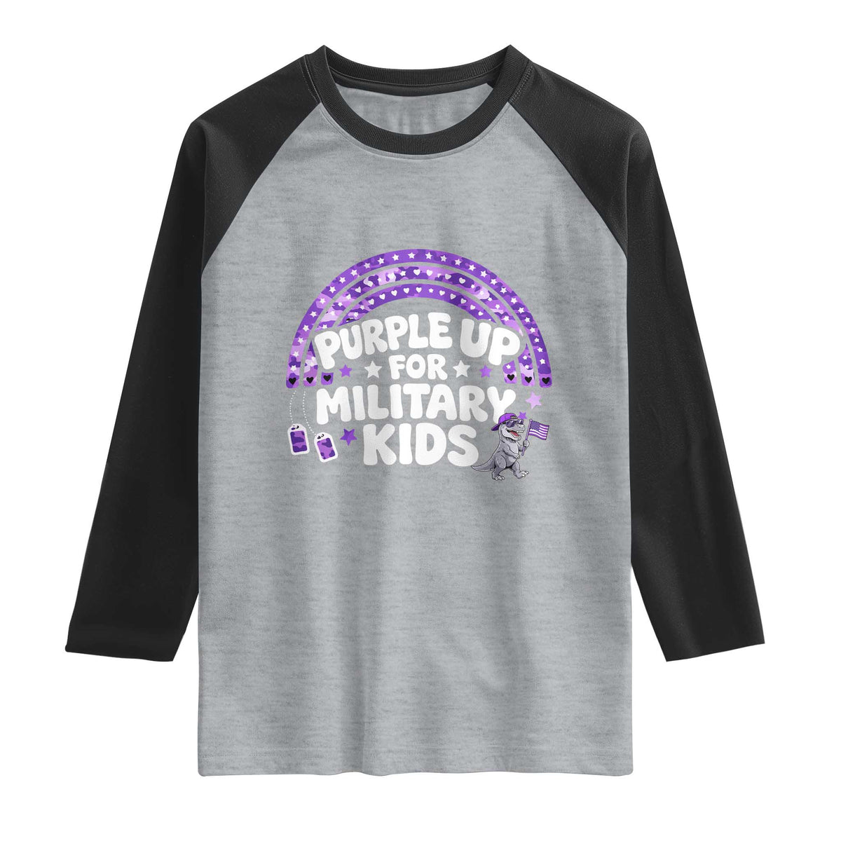 Purple Up For Military Kids Raglan Shirt Cute Dino Dinosaur Proud Military Child Rainbow TS10 Heather Gray Black Print Your Wear